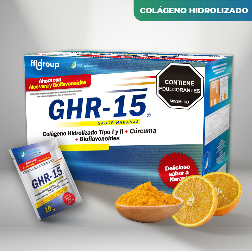 GHR-15 COLÁGENO HIDROLIZADO tipo 1 Y 2 + Cúrcuma + magnesio+ vitamina C. Caja X 25 Sobres. Sabor a naranja